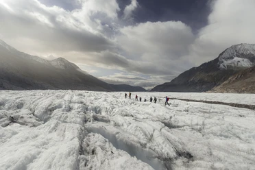 Group out and about on the glacier Participants on the UNESCO Aletsch Glacier Tour move across the vast ice fields of the Aletsch Glacier in rope teams