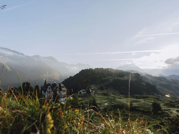 La Villa Cassel dans la lumière estivale de la forêt d'Aletsch Villa Cassel devant la forêt d'Aletsch avec vue sur les Alpes valaisannes pendant l'histoire de la Villa Cassel Forêt d'Aletsch