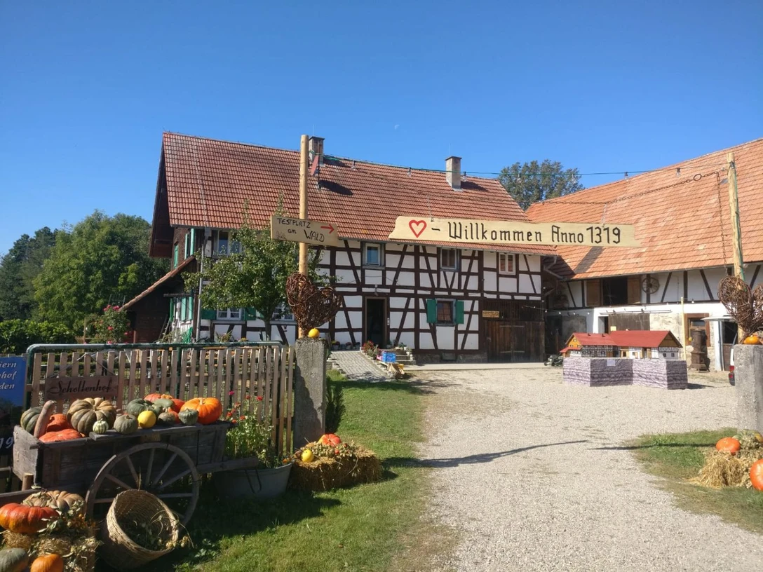 Blick auf den Schollenhof in Wagshurst, Fachwerkhaus mit Nebengebäude und großem Innenhof