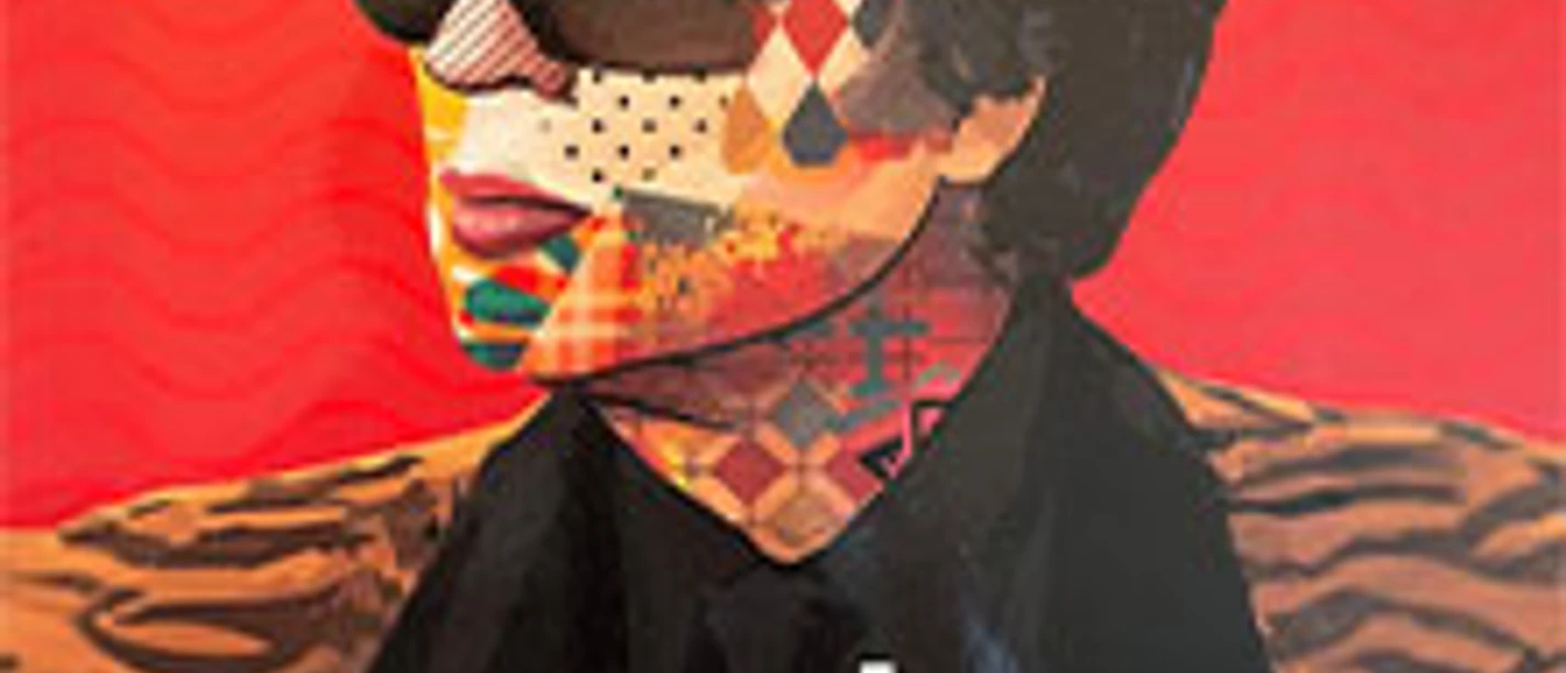 Südliche Pop-Art mit farbenfroher Pixelmaske und stilisierter schwarzer Sonnenbrille.