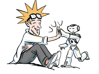 Proffessor Bummbastic - Knallegra.png Das Bild zeigt ein Comic, auf dem ein Wissenschaftler mit einem Robert die Hande zusammen schlägt