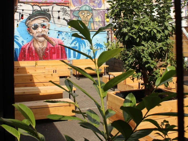 Der schwarze Hase An urban outdoor area with colorful graffiti and wooden seating surrounded by plants.
