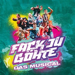 Plakat des Musicals "Fack Ju Göhte" mit bunten Charakteren auf türkisfarbenem Hintergrund.