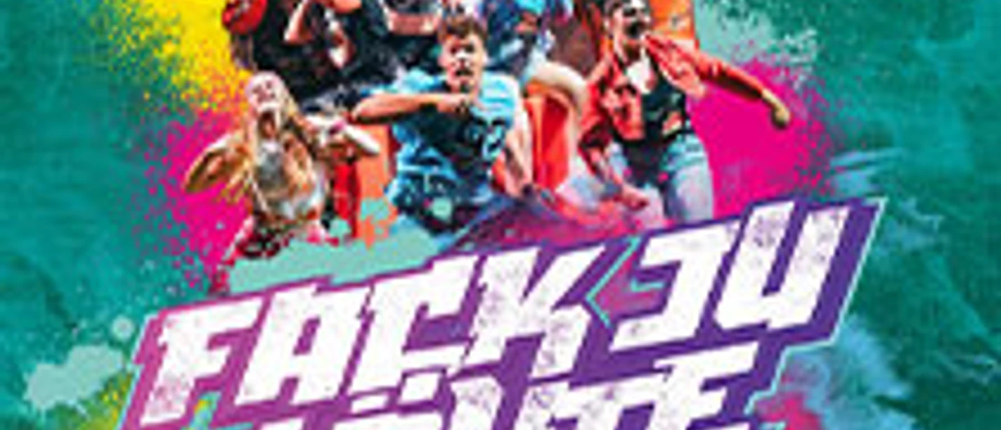 Plakat des Musicals "Fack Ju Göhte" mit bunten Charakteren auf türkisfarbenem Hintergrund.