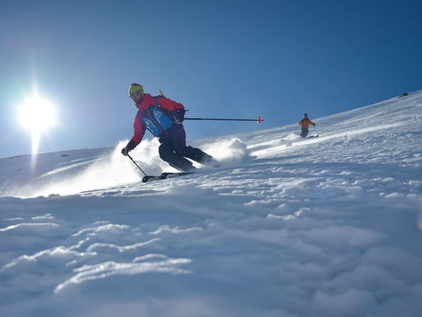 Abfahrt im Pulverschnee der Aletsch Arena Aletschgletscher Rundtour Ski mit Freerider bei der Abfahrt im Pulverschnee unter strahlender Wintersonne in der Aletsch Arena