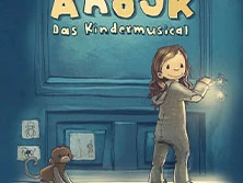 Ein Kind in gemütlichem Kostüm mit einem Affen daneben, Lichtstrahlen in der Hand haltend.