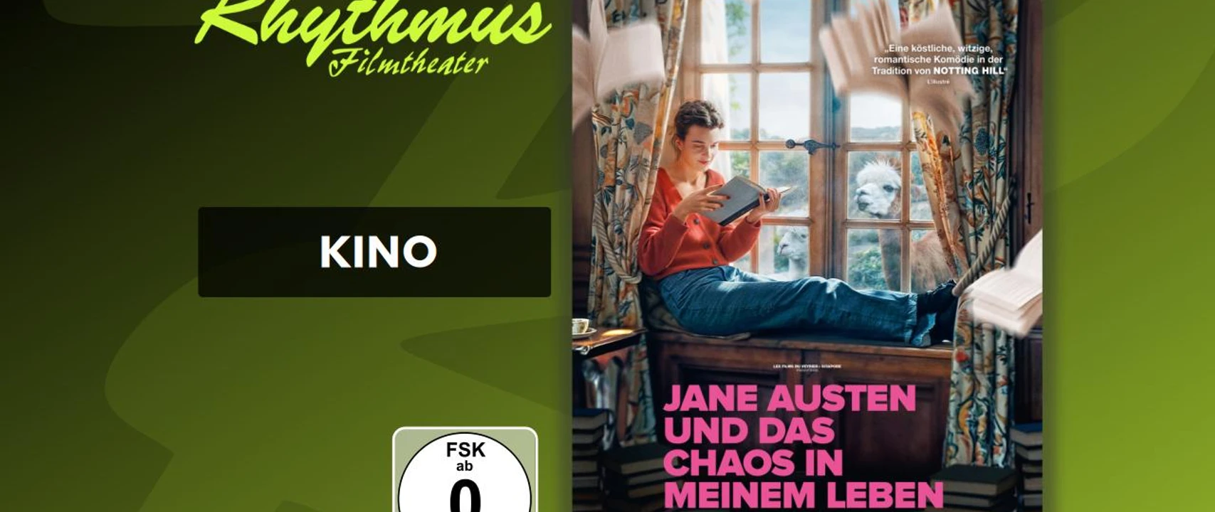 filmplakat-janeaustenunddaschaosinmeinemleben.jpg Frau sitzt lesend auf Fensterbank, draußen blicken zwei Alpakas herein, Bücher fliegen im Raum.