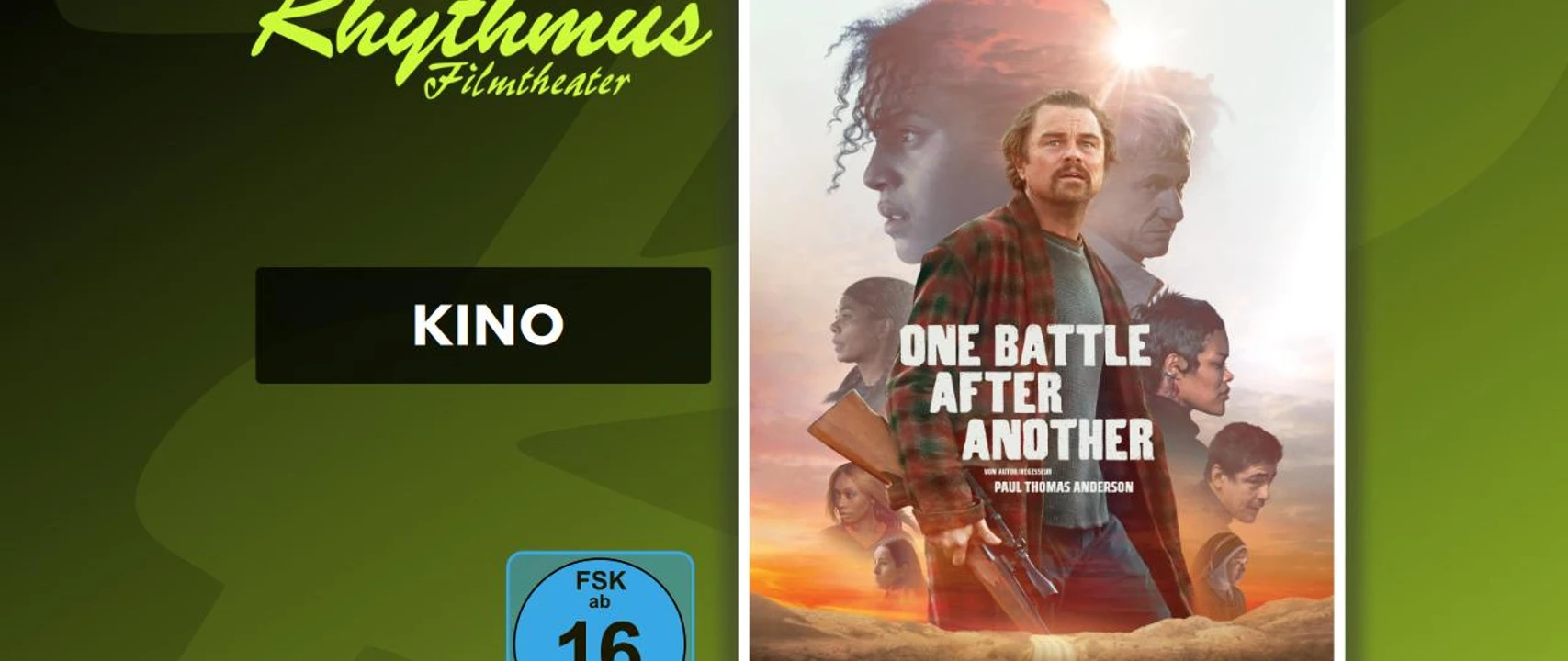 filmplakat-onebattleafteranother.jpg Filmplakat „One Battle After Another“ mit Darstellern vor Sonnenuntergang und FSK 16-Hinweis.