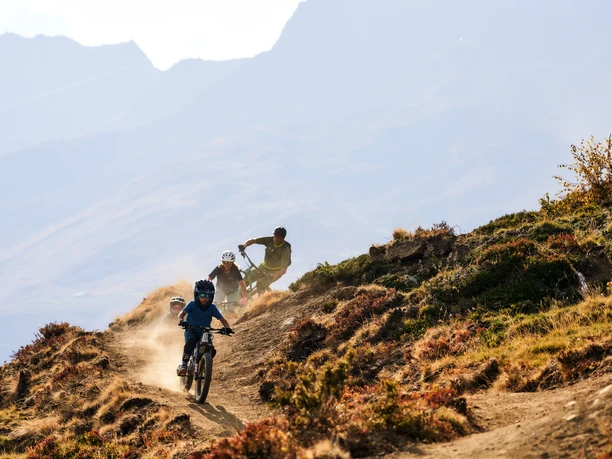 Un trailride plein d'action dans le Haut-Valais Bikepass haut-valaisan avec des vététistes sur un singletrail poussiéreux à Bellwald dans une lumière et un décor de montagne de fin d'été