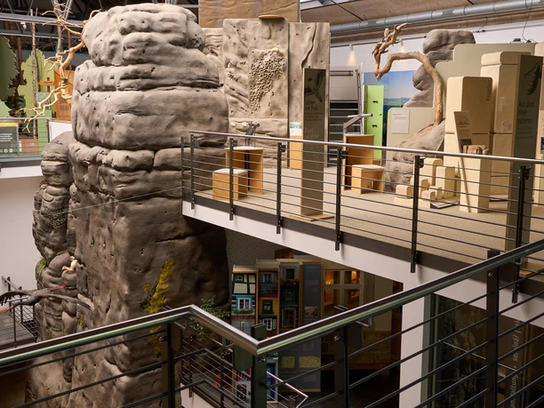 Interior view of the National Park Center with railings, an artificial rock structure and a metal staircase.