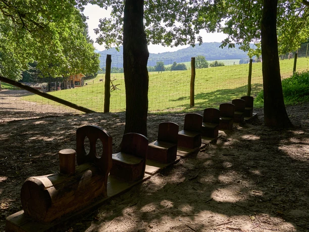 Wooden train in the shade of large trees, view of green meadow and hills in the background.