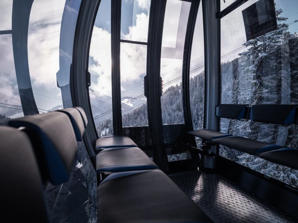 Profiter de la vue pendant le trajet Courses individuelles Aletsch Arena avec vue depuis la télécabine sur les forêts enneigées et les Alpes valaisannes
