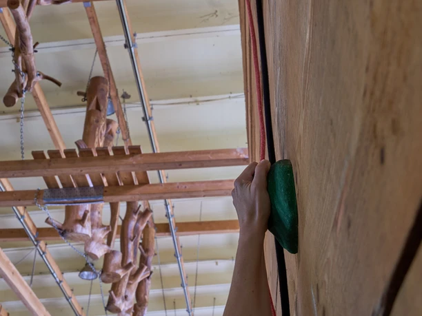 Hand die groene handgreep vasthoudt tijdens het beklimmen van een houten muur op de achtergrond klimtoestellen aan het plafond.