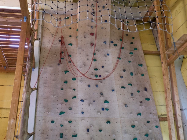 Klimmuur met kleurrijke grepen en net in een overdekte klimhal.