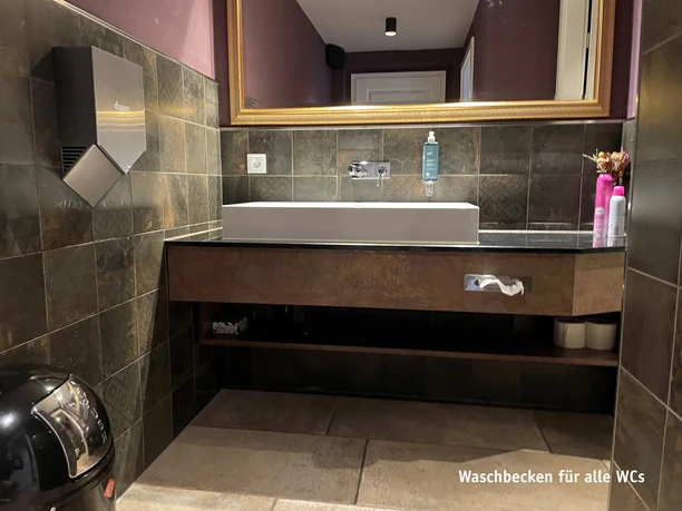 Waschbecken.jpg Badezimmer mit großem weißen Waschbecken, Mülleimer und Spiegel mit Goldrand.