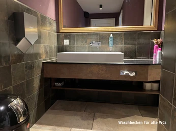 Washbasin.jpg Badezimmer mit großem weißen Waschbecken, Mülleimer und Spiegel mit Goldrand. Bathroom with large white washbasin, waste garbage can and mirror with gold rim.Koupelna s velkým bílým umyvadlem, odpadkovým košem a zrcadlem se zlatým okrajem.Badkamer met grote witte wastafel, afvalemmer en spiegel met gouden rand.Łazienka z dużą białą umywalką, koszem na śmieci i lustrem ze złotą obwódką.Bagno con grande lavabo bianco, cestino e specchio con bordo dorato.