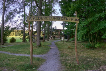 Walderlebniszentrum Houten bord "Forest Experience Centre" boven een pad dat naar een park leidt.