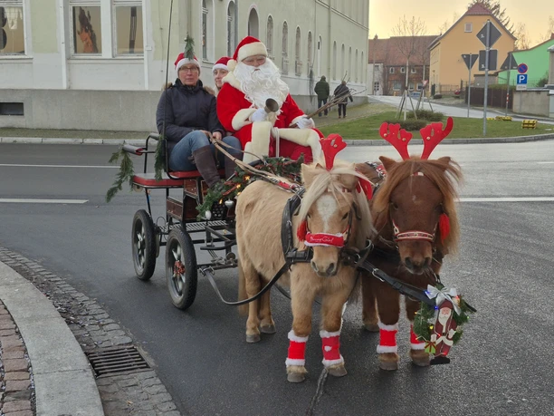 Weihnachtsmarkt Dahlen - Weihnachten in der Region Leipzig Zwei Ponys mit roten Weihnachtsmützen ziehen eine festlich geschmückte Kutsche, gelenkt von einem Weihnachtsmann in rotem Kostüm.
