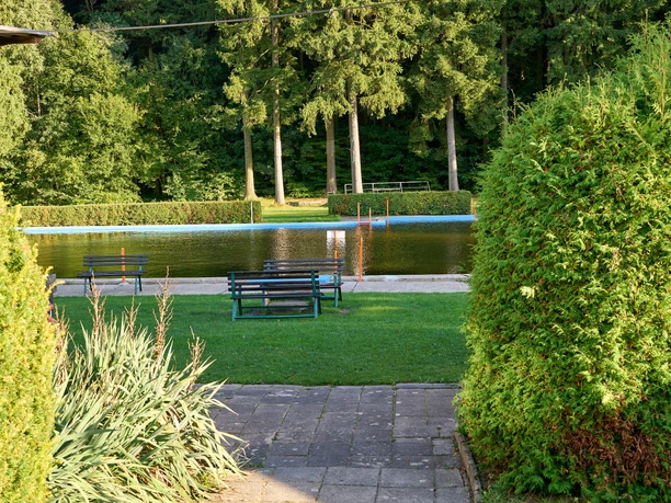 Waldbad Polenz Neustadt Weg führt zu einer Bank vor einem rechteckigen Bad, umgeben von Bäumen und Hecken.
