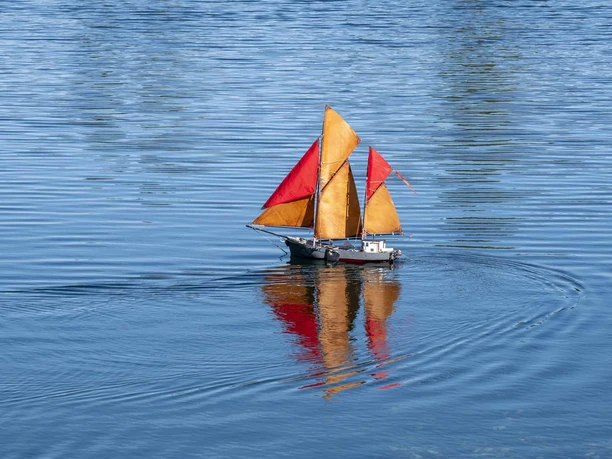 Lake Fühlingen A blue body of water in which a model sailing boat with red sails floats; trees in the background.