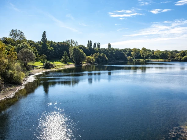 Fühlinger See Ein klarer See mit reflektierendem Sonnenlicht und umliegendem Grün unter blauem Himmel in Köln.