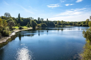 Lake Fühlingen A clear lake with reflecting sunlight and surrounding greenery under a blue sky in Cologne.