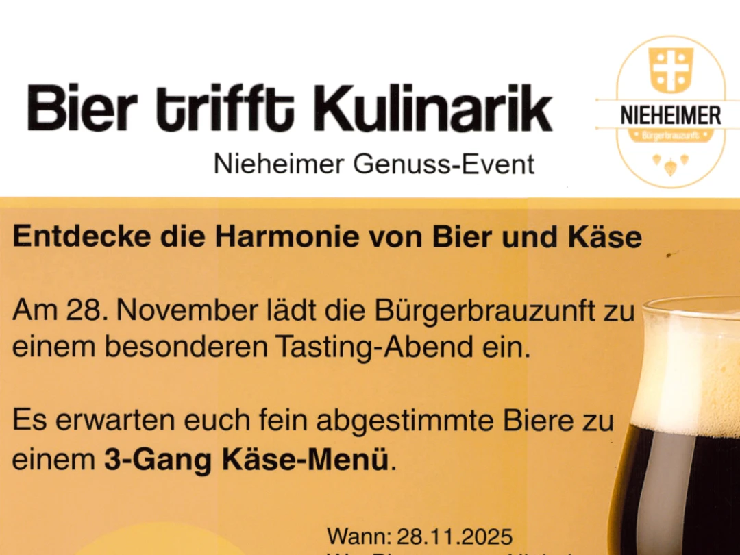 Bier trifft Käse.jpg Werbeplakat mit Bierglas, verschiedenen Käsesorten und Informationen zum Event „Bier trifft Kulinarik“.