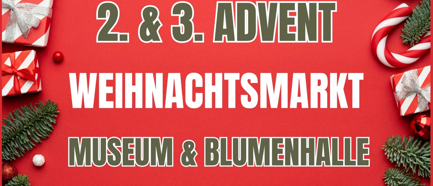 Weihnachtsmarkt Wiesmoor.jpg Roter Weihnachtshintergrund mit Geschenken, Tannenzweigen und Schriftzug zum Weihnachtsmarkt Wiesmoor