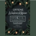 Offene Weihnachtsfeier.png Einladungsplakat zur offenen Weihnachtsfeier mit Tannenzweigen, Lichtern und Veranstaltungsdaten