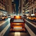 Eine Orgel auf einer belebten Großstadtstraße bei Nacht.