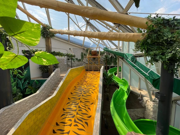 AQUALAND - Wellness und Erlebnisbad Beleuchtete Indoor-Wasserrutschen, umgeben von tropischen Pflanzen und Sonnenschein durch Glasdach.