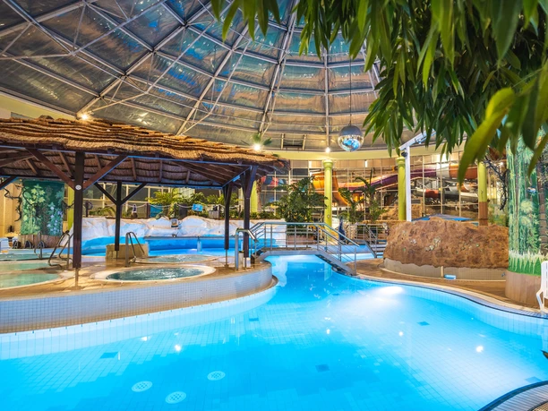 AQUALAND - wellness and aquapark Light-flooded leisure pool with tropical plants and relaxing water landscape.