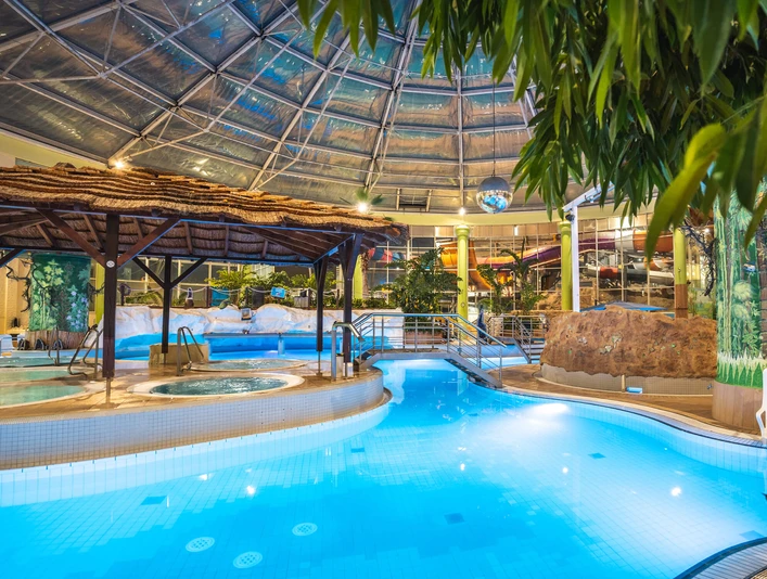 AQUALAND - wellness and aquapark Lichtdurchflutetes Freizeitbad mit tropischen Pflanzen und entspannter Wasserlandschaft.Light-flooded leisure pool with tropical plants and relaxing water landscape.
