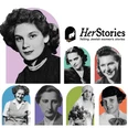 HerStories Poster Plakat für eine Veranstaltung HerStories zeigt Bilder im Portraitstil im Laufe der Jahre in Schwarz-weiß auf buntem Hintergrund.Poster for an event HerStories shows portrait-style pictures over the years in black and white on a colorful background.Poster voor een evenement HerStories toont portretfoto's door de jaren heen in zwart-wit op een kleurrijke achtergrond.