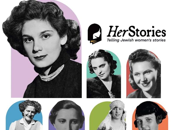 HerStories Poster Plakat für eine Veranstaltung HerStories zeigt Bilder im Portraitstil im Laufe der Jahre in Schwarz-weiß auf buntem Hintergrund.Poster for an event HerStories shows portrait-style pictures over the years in black and white on a colorful background.Poster voor een evenement HerStories toont portretfoto's door de jaren heen in zwart-wit op een kleurrijke achtergrond.