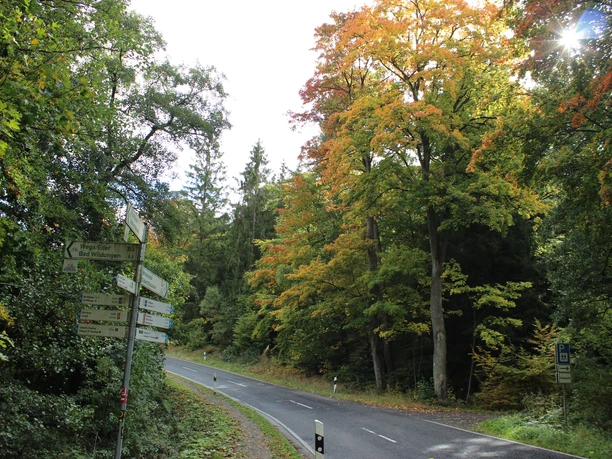 Straße, rechts Wanderparkplatz Stahlquelle