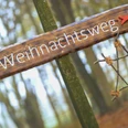 Weihnachtswaldweg Holzschild mit der Aufschrift „Weihnachtsweg“ im herbstlichen Wald mit kleinem Stern aus Ästen.