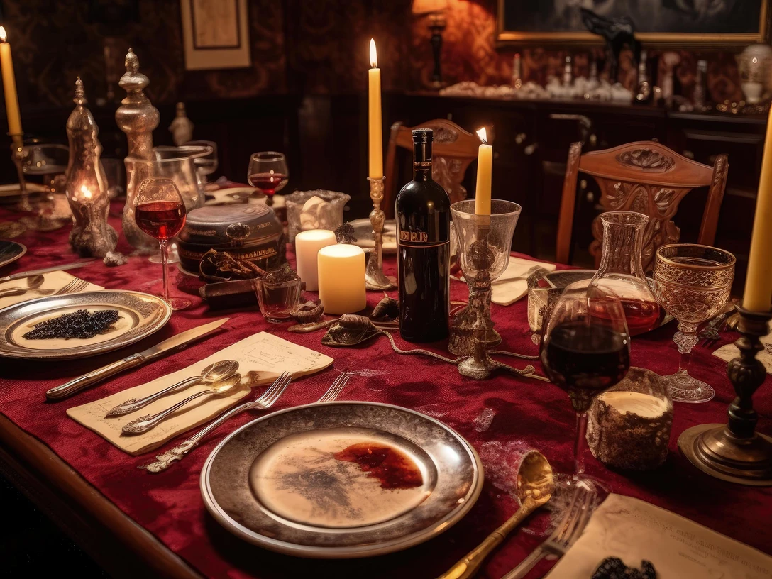 Guests at a murder mystery dinner party put their sleuthing skills to the test while enjoying a gourmet meal and immersive theatrical experience. Generated by AI. Guests at a murder mystery dinner party put their sleuthing skills to the test while enjoying a gourmet meal and immersive theatrical experience. Generated by AI.