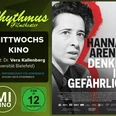 filmplakat-hannaharendtdenkenistgefaehrlich.jpg Schwarzweiß-Porträt von Hannah Arendt mit rotem Hintergrund und Text „Denken ist gefährlich“.