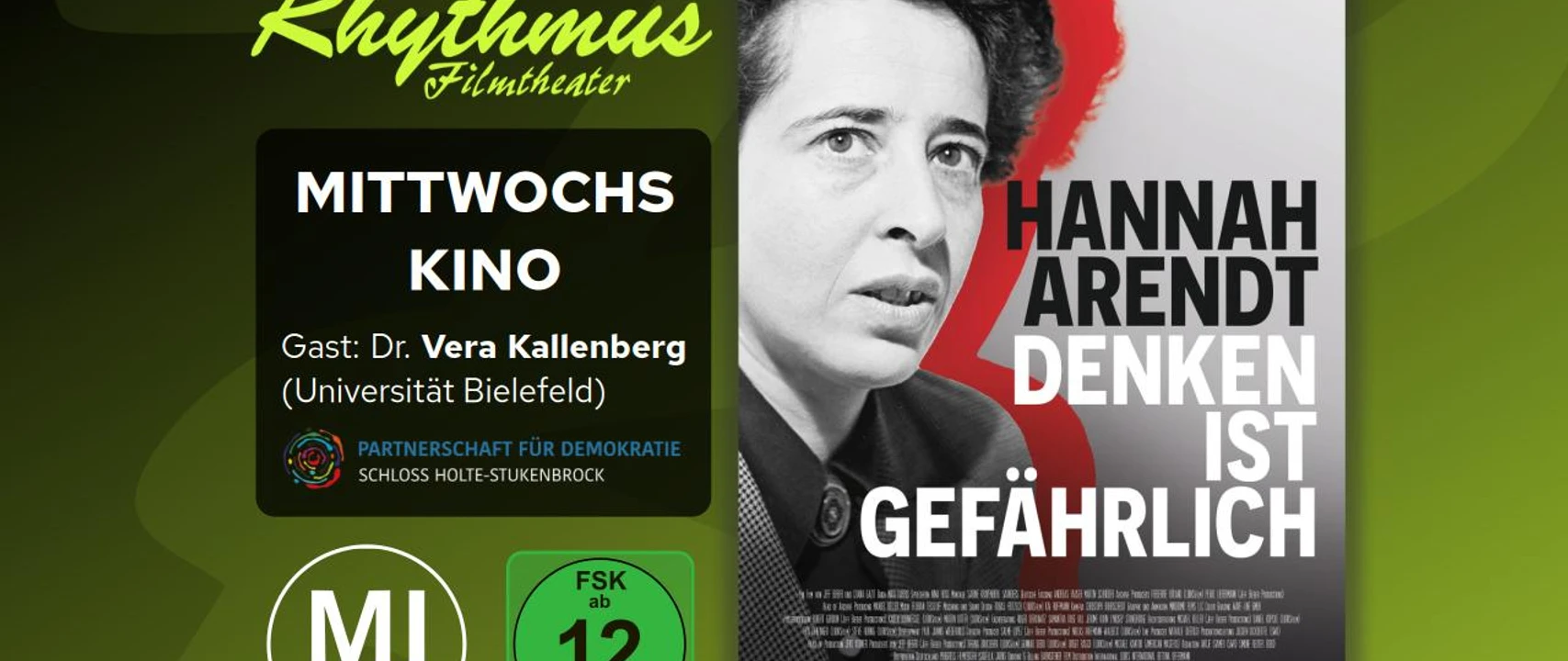 filmplakat-hannaharendtdenkenistgefaehrlich.jpg Schwarzweiß-Porträt von Hannah Arendt mit rotem Hintergrund und Text „Denken ist gefährlich“.
