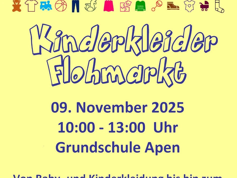 Kinderkleiderflohmarkt.jpg Plakat für Kinderkleiderflohmarkt am 9. November 2025 in Apen mit Infos und bunten Kindersymbolen