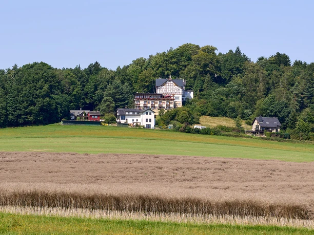 Blick zum Wolfsberg Hotel Wolfsberg mit rotem Dach hinter einem Feld und Bäumen unter blauem Himmel auf einem Hügel.
