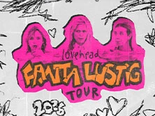 Design des "Fanta Lustig Tour 2026" Posters in Pink mit Bandmitgliedern und Herzen.