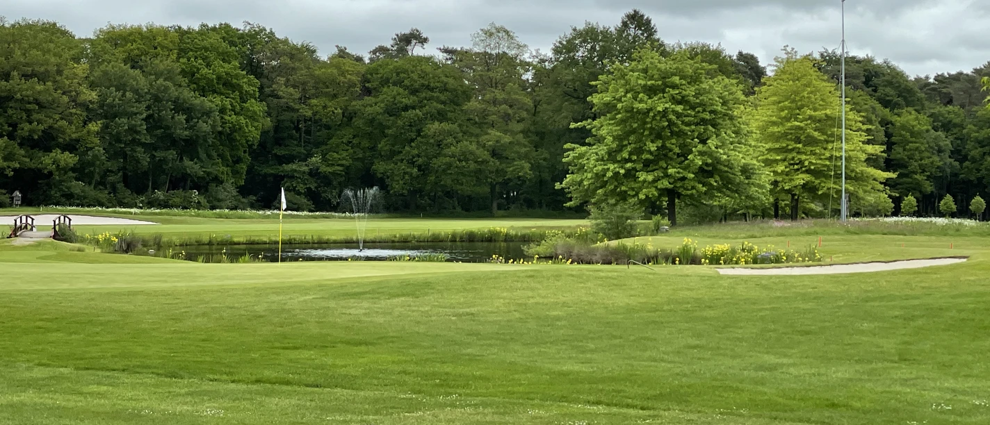 Rasenfläche des Oldenburgischen Golfclub Grüne Golfanlage mit Teich, zwei kleinen Brücken, Wasserfontäne und Bäumen unter grauem Himmel