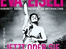 Kabarettistin Eva Eiselt wirft lachend ein Handtuch in die Luft, umgeben von Text.