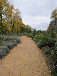 ©Bastian Ulrich - Rosengarten 1 Ein goldener Herbstweg, gesäumt von sich verfärbenden Bäumen und blühenden Pflanzen.