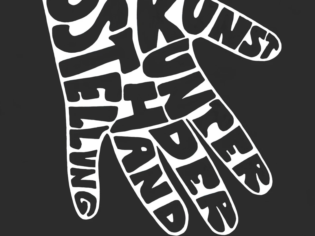 Plakat zur Kunst-Ausstellung "Unter der Hand" mit kreativer Handform.