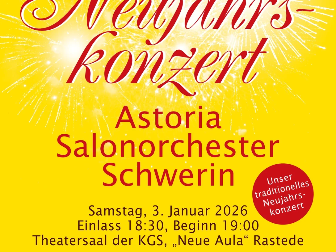 NJK_2026_PLAKAT_ASTORIA Gelbes Plakat mit roter Schrift für das 16. Neujahrskonzert des Astoria Salonorchesters Schwerin.