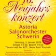 NJK_2026_PLAKAT_ASTORIA Gelbes Plakat mit roter Schrift für das 16. Neujahrskonzert des Astoria Salonorchesters Schwerin.