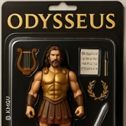 Actionfigur von Odysseus in Blisterverpackung mit antikem Zubehör, wie Lyra und Lorbeerkranz.